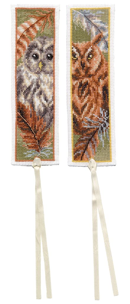 Vervaco bookmark counted cross stitch kit ""Owl with feathers"" Set of 3, 6x20cm,