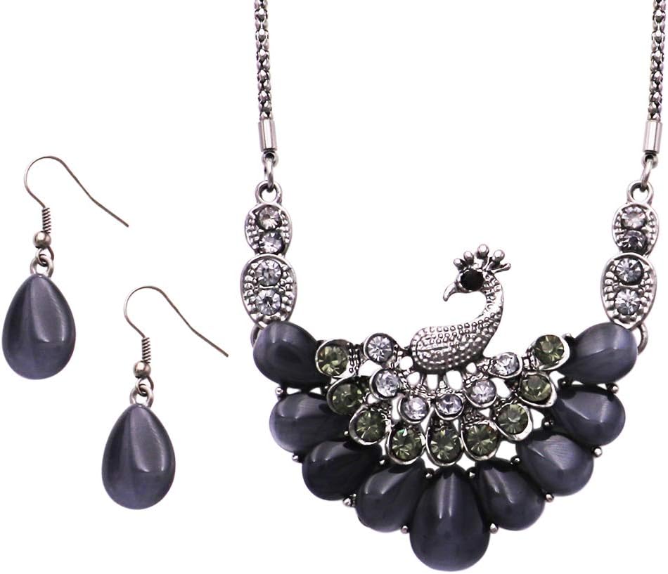 Rosemarie Collections Women's Stunning Resin Pearls And Glittering Crystal Rhinestones Peacock Necklace With Earrings Gift Set, 16"+3" Extender