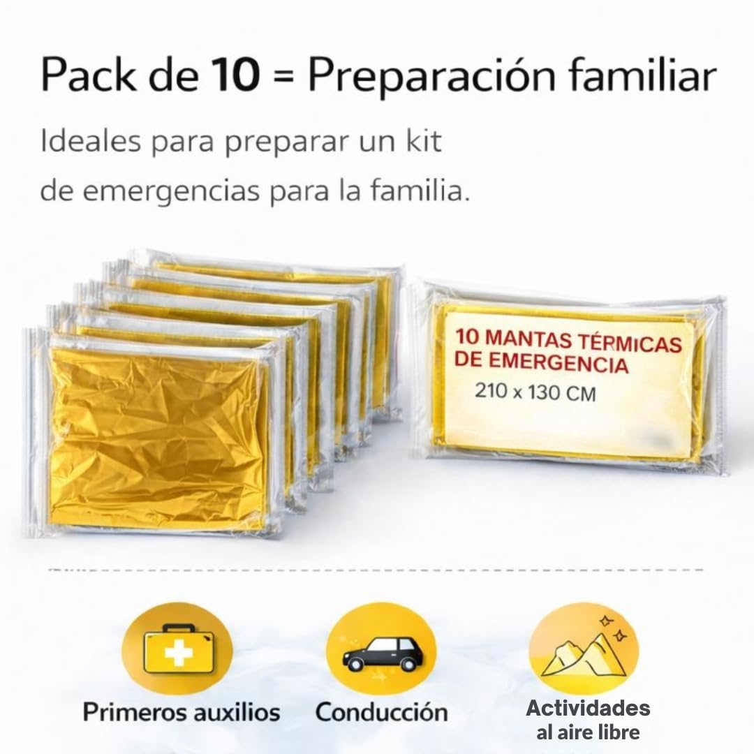 Manta Térmica de Emergencia Pack 10 Unidades – Manta Supervivencia Aluminizada Doble Cara Dorado/Plateado 210 x 130 cm – Prevención de Hipotermia para Coche, Montaña, Camping y Primeros Auxilios
