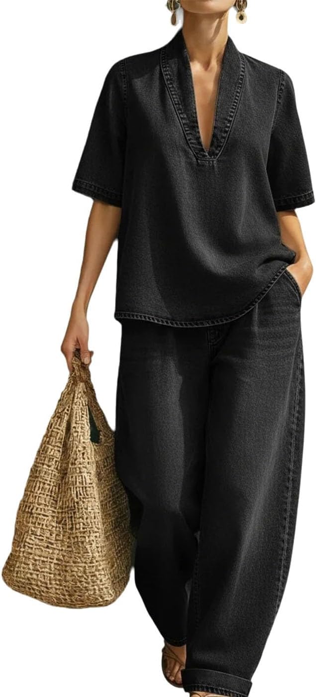 Wuitrie Denim Two Piece Set for Women V Neck Short Sleeve Blouse Tops Wide Leg Jean Pants Pants Going Out Casual Outfits