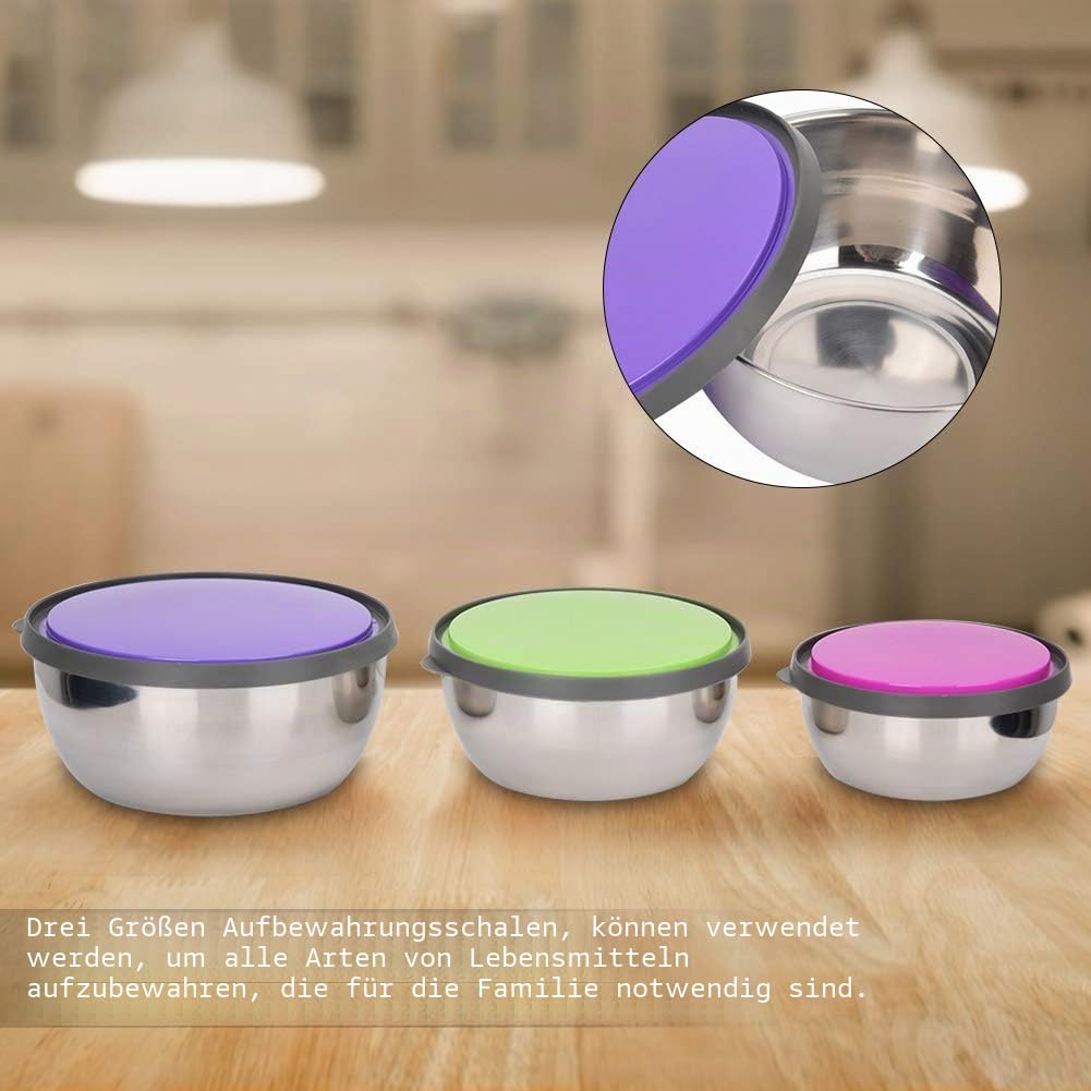 3-teiliges Edelstahl Schüssel Set, Stapelbar Salatschüssel mit Bunte Luftdichtem Deckel, Rührschüssel Servierschalen Mixing Bowls für Küche Backen Kochen Zubereitung