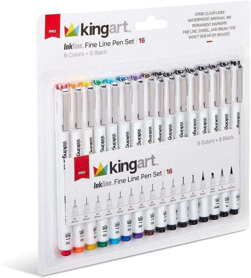 KINGART 436-16 PRO Inkline Color+Black Pens, 8 Colors 0.35mm, 8 Black Tips