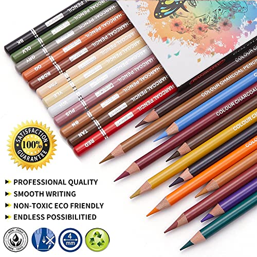 Pandafly Professional Colour Charcoal Pencils Drawing Set, Skin Tone Colored Pencils, Pastel Chalk Pencils For Sketching, Shading, Coloring, Layering & Blending, 24 Colors #TOP1