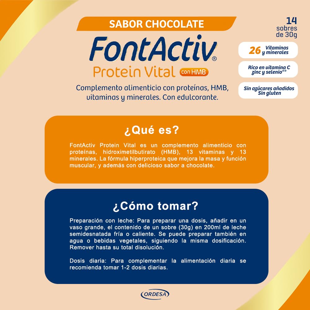 FontActiv Protein Vital Chocolate | 14 sobres | Complemento Alimenticio con Proteínas, HMB, Vitaminas y Minerales para Adultos