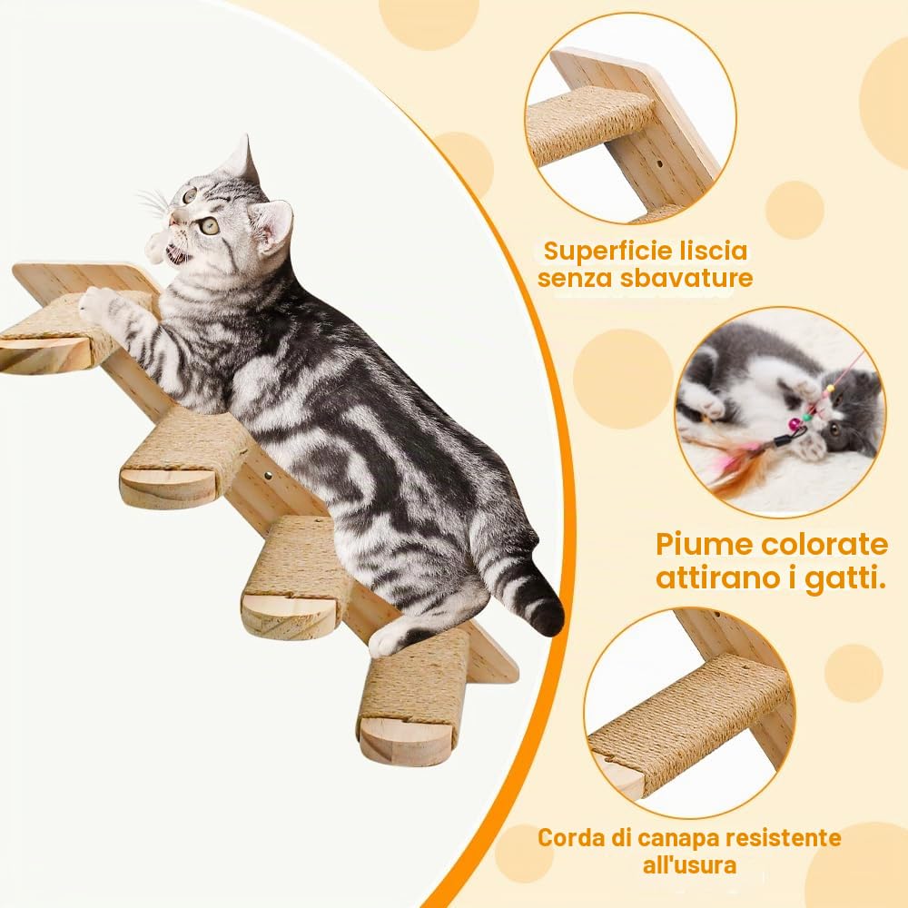 Scala da Parete per Gatto per arrampicata,Scaletta per Gatto con Corda di Luta,4 Scale e Gradini da Parete per Gatti,Montata a Muro per Arrampicata, Giocare, Rilassarsi