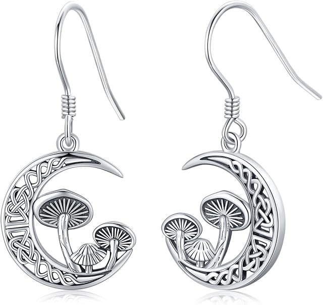 Mushroom Earrings 925 Sterling Silver Celtic Knot Crescent Moon Dangle Drop Earrings Mushroom Jewellery Gifts for Women Girls