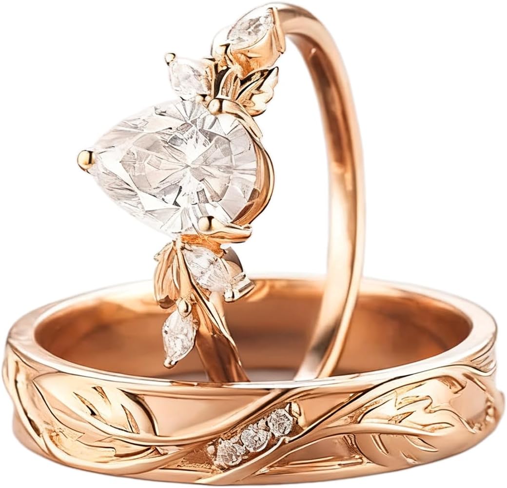 S925 10k/14k/18k Solid Gold Moissanite Leaf Couple Ring Set for Men and Women, 1-3 Carat Marquise/Oval/Pear Cut Moissanite Wedding Ring Set, Anniversary Engagement Gift, Free Engraving