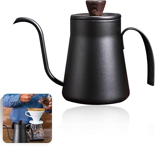 CA Mode Tetera pequeña de cuello de cisne de 14 onzas para verter café, tetera pequeña de acero inoxidable, color negro, larga, estrecha, goteadora