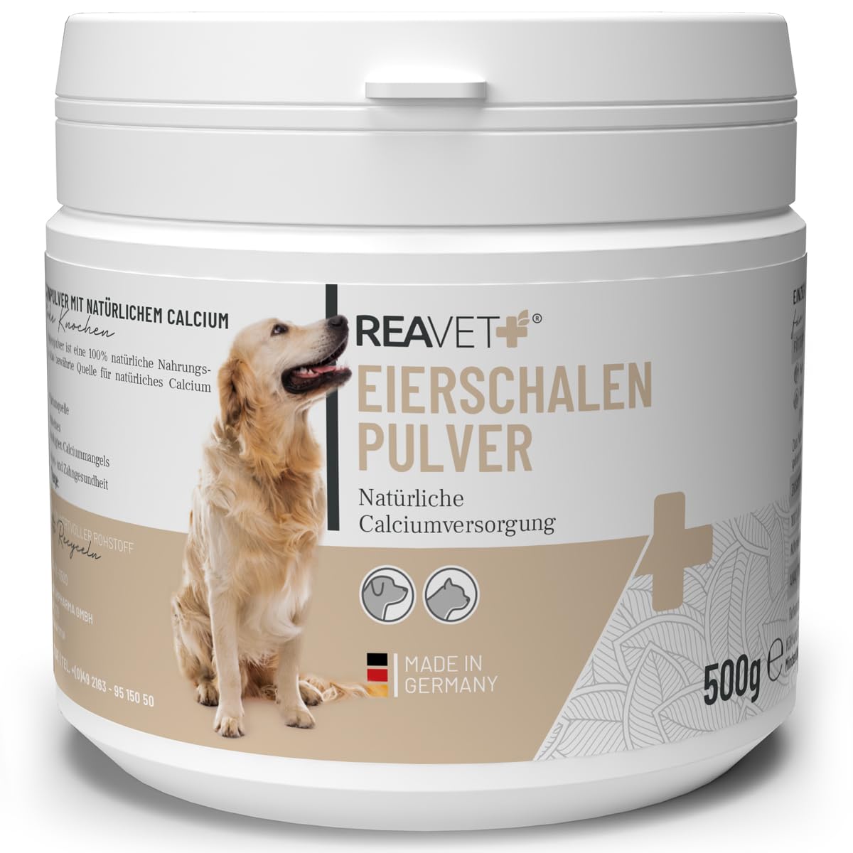 ReaVET Polvo de Cáscara de Huevo para Perro y Gato 500g – Fuente Natural de Calcio para Huesos y Dientes Saludables, Polvo de Cáscara de Huevo para Perros y Gatos, Suplemento Barf