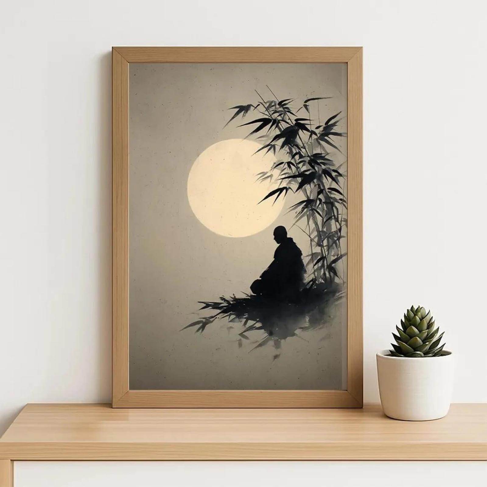 Baibexing Minimalist Zen Monk Bamboo Moon Wall Art Print Canvas Painting Poster Picture For Living Room,Bedroom Home Decor 30X40Cm Unframed