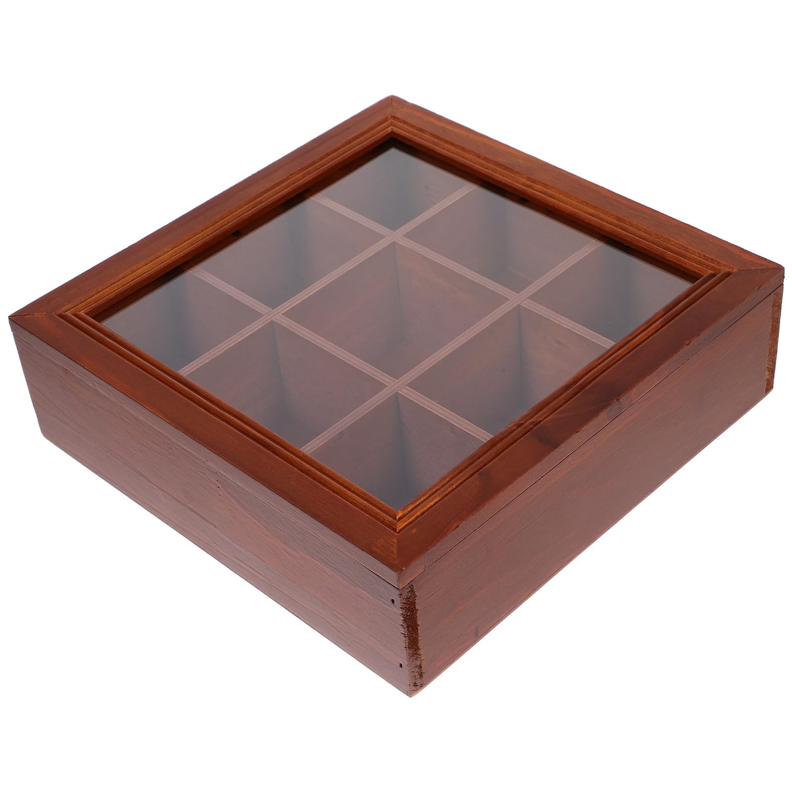 PLAFOPE Caja de Almacenamiento de Madera 9 Compartimentos y Ventana Acrílica para Organizar Bolsitas de Té y Paquetes de Café Adecuado para Cafés y Fiestas Reutilizable