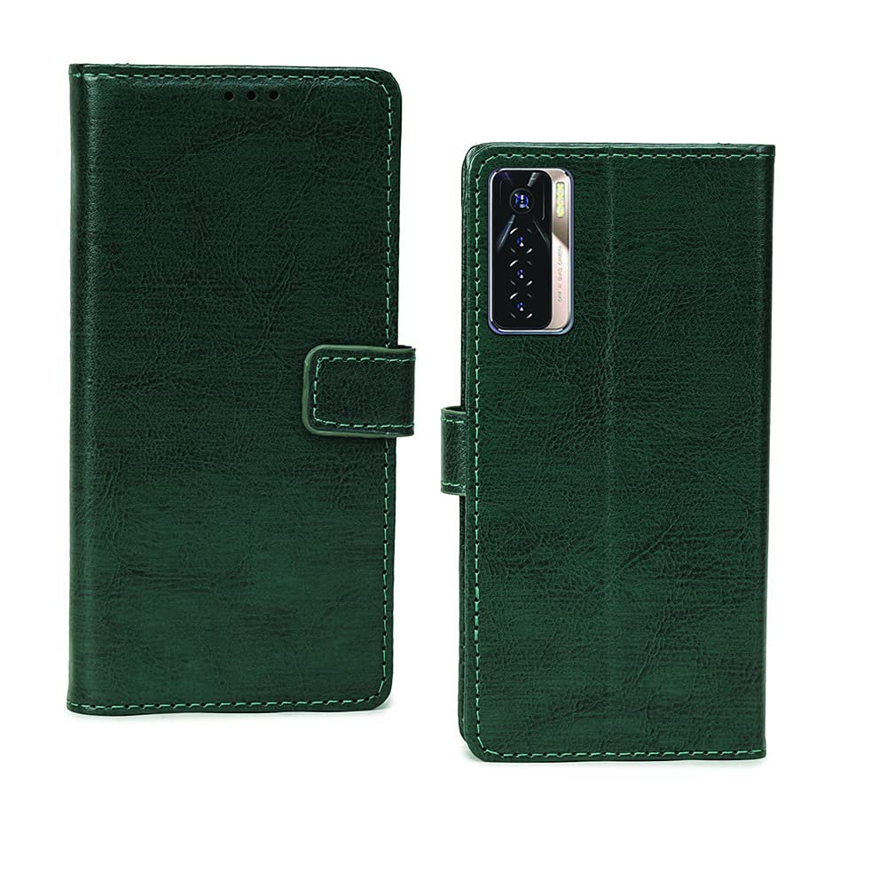Inktree Tecno Camon 17 Pro PU Leather Vintage Flip Cover Case | Premium Leather Finish | with Card Pockets | Wallet Stand |Complete Protection Cover for Tecno Camon 17 Pro - Vintage Green