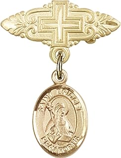 Gold Filled Baby Badge with St. Bridget of Sweden Charm and Badge Pin with Cross 1 X 3/4 inches