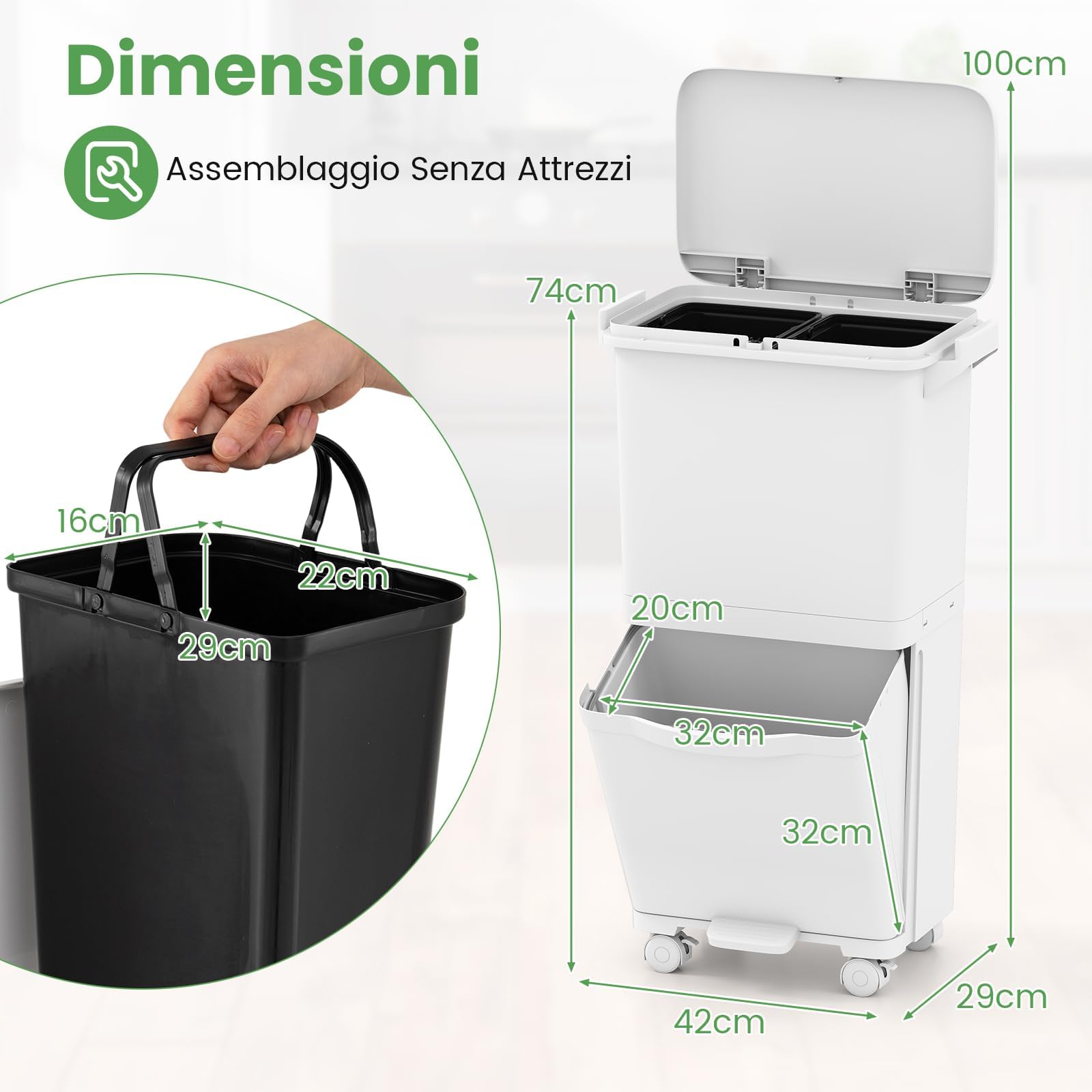 COSTWAY 40L Pattumiera Differenziata a 3 Scomparti, Bidone per Spazzatura con Cestino Rimovibile e 4 Ruote, Secchio Rifiuti a Pedale per Cucina Sala da Pranzo Soggiorno (Bianco)
