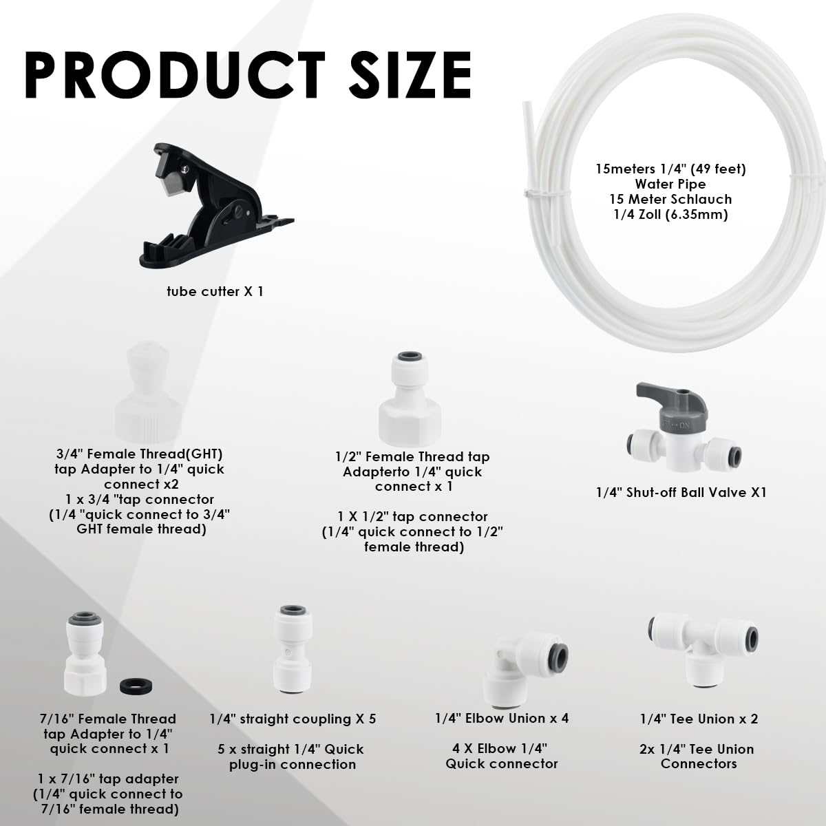 15m Manguera de Suministro de Agua Tubo y Kit de Conectores de Refrigerador para Refrigerador de Estilo Europeo Doble Refrigerador (1/4"Pipe)