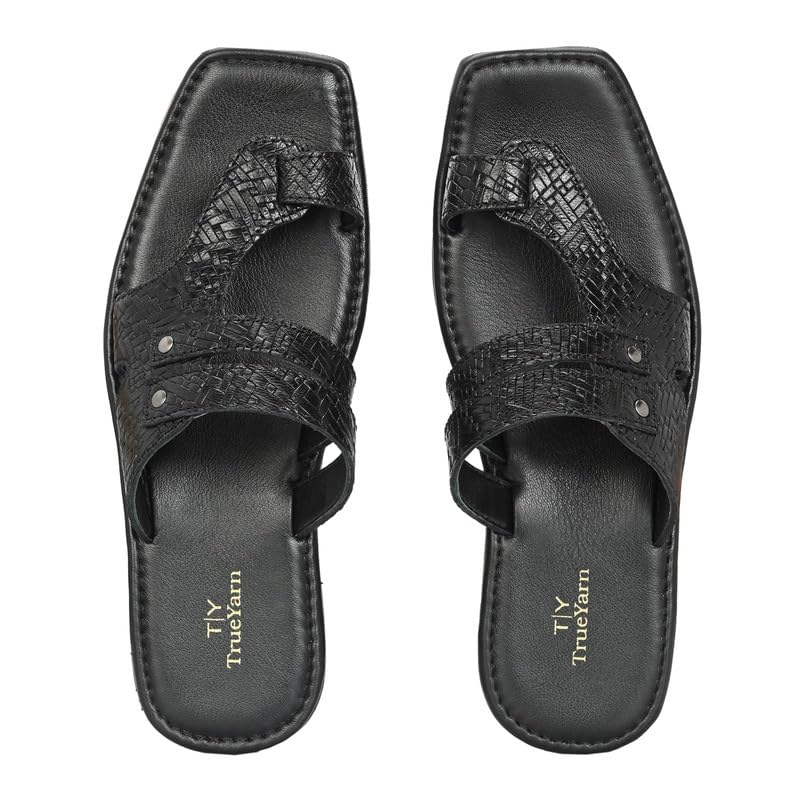 TrueYarn Genuine Leather Kolhapuri Chappals For Men | Thong Sandals for Men | Leather Slippers for Men | Stylish & Comfortable | UK-9 (BLACK) (B0CQXYKRZN) Amazon Price History, Amazon Price Tracker