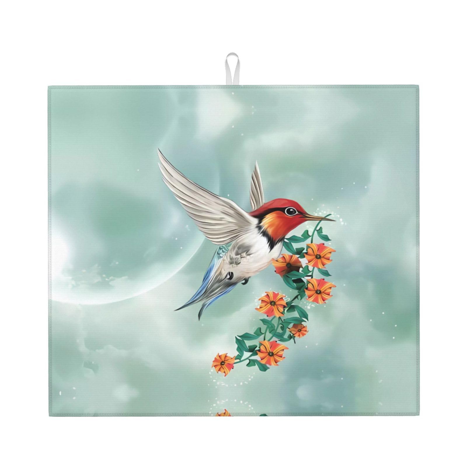 Yyhhaofa Black Hummingbird Is Flying With Flowered Branch Prints Kitchen Drying Mat – Absorbent Dish Throw For Countertops, Non-Slip Quick-Dry Layer With Stylish Prints