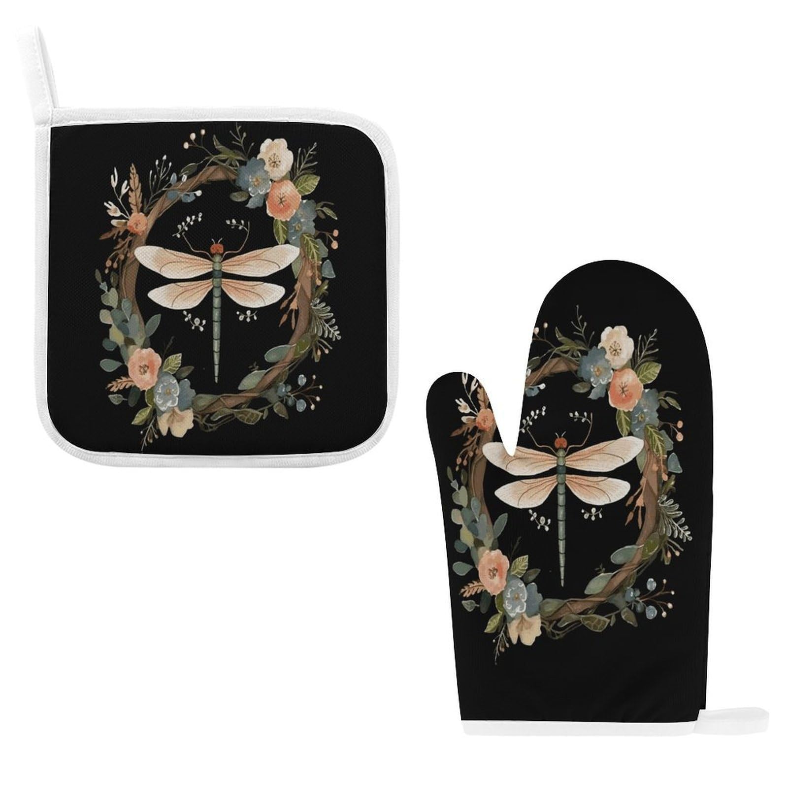 Btcowzrv Style Image Of Dragonfly In Wreath Oven Mitts And Pot Holders 2Pcs Set