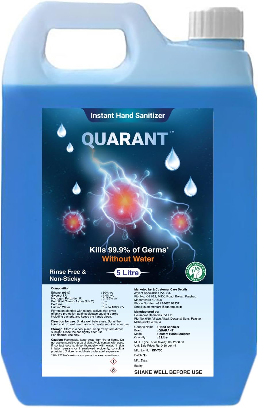 QUARANT 80% Alcohol Based Instant Hand Sanitizer Refill Pack, Kills 99.9% Germs, WHO Recommended Formula & FDA Approved, 5 Litres