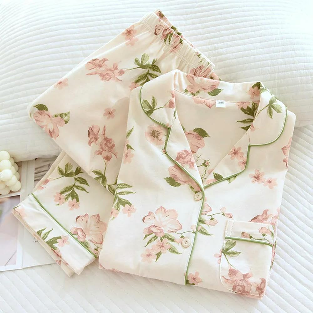 Conjunto de Pijama de Mujer Primavera y otoño, de algodón Tejido, de Manga Larga, de Dos Piezas, Holgado, Estampado, para el hogar