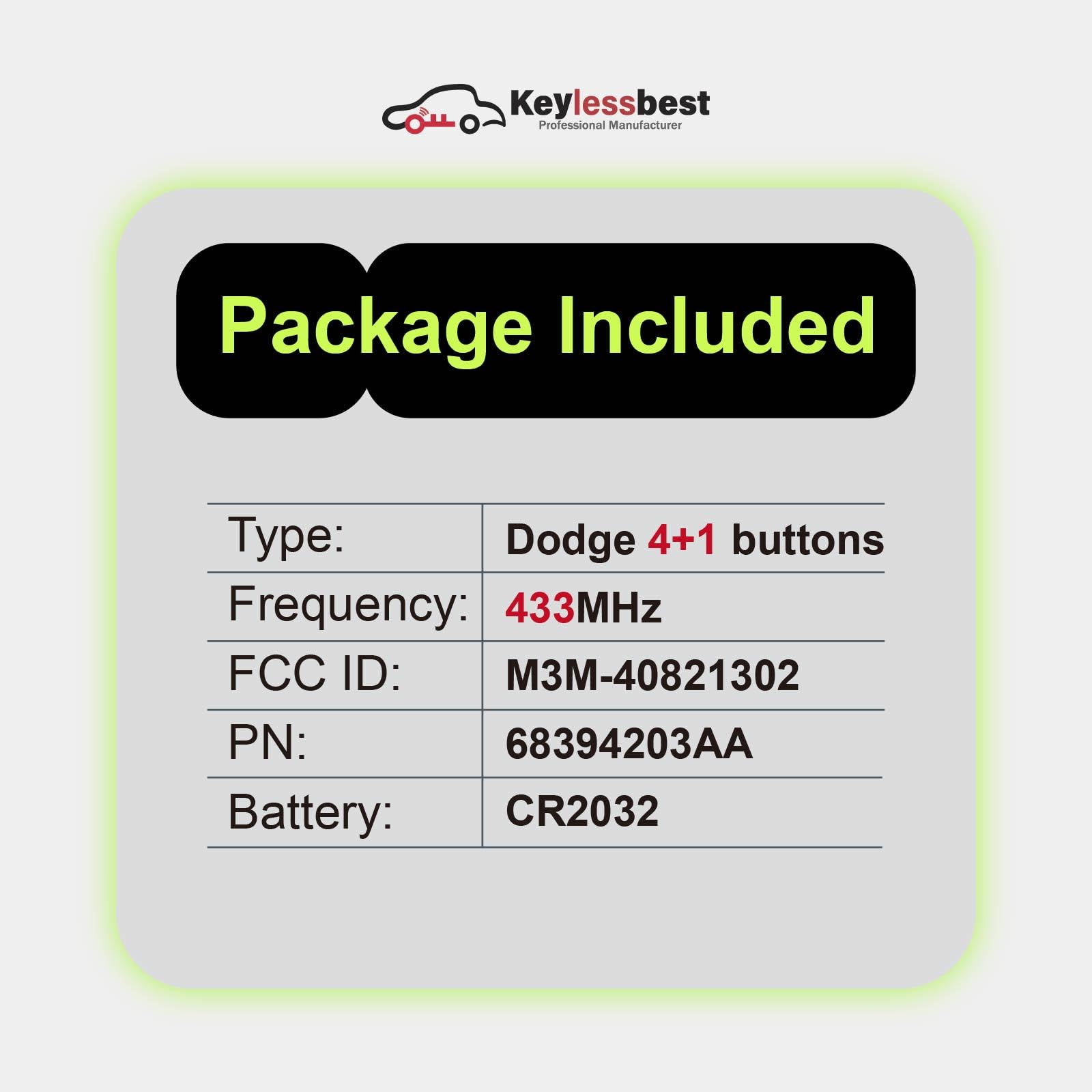 Telecomando per chiave auto M3M-40821302 433 MHz 5 pulsanti di ricambio per caricabatterie Dodge Challenger SRT 2019-2021
