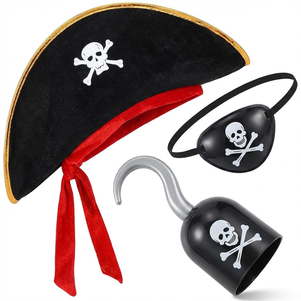 ALLGAYER 3 Pcs Pirate Accessories Set, Pirate Captain Hat with Hook and Skull Eye Patch, Black Pirate Costume Dress Up for Halloween Birthday Party Cosplay
