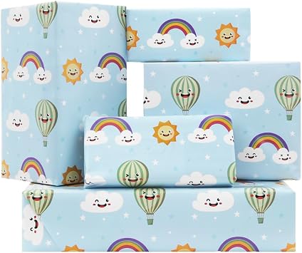 Cute Rainbow Clouds and Sunshine Float away in a hot air balloon With Smile face on bright blue wrapping paper for Babies Boys Kids Happy Birthday Party Babay Shower, Folded Flat 30 x 20 Inch, 4