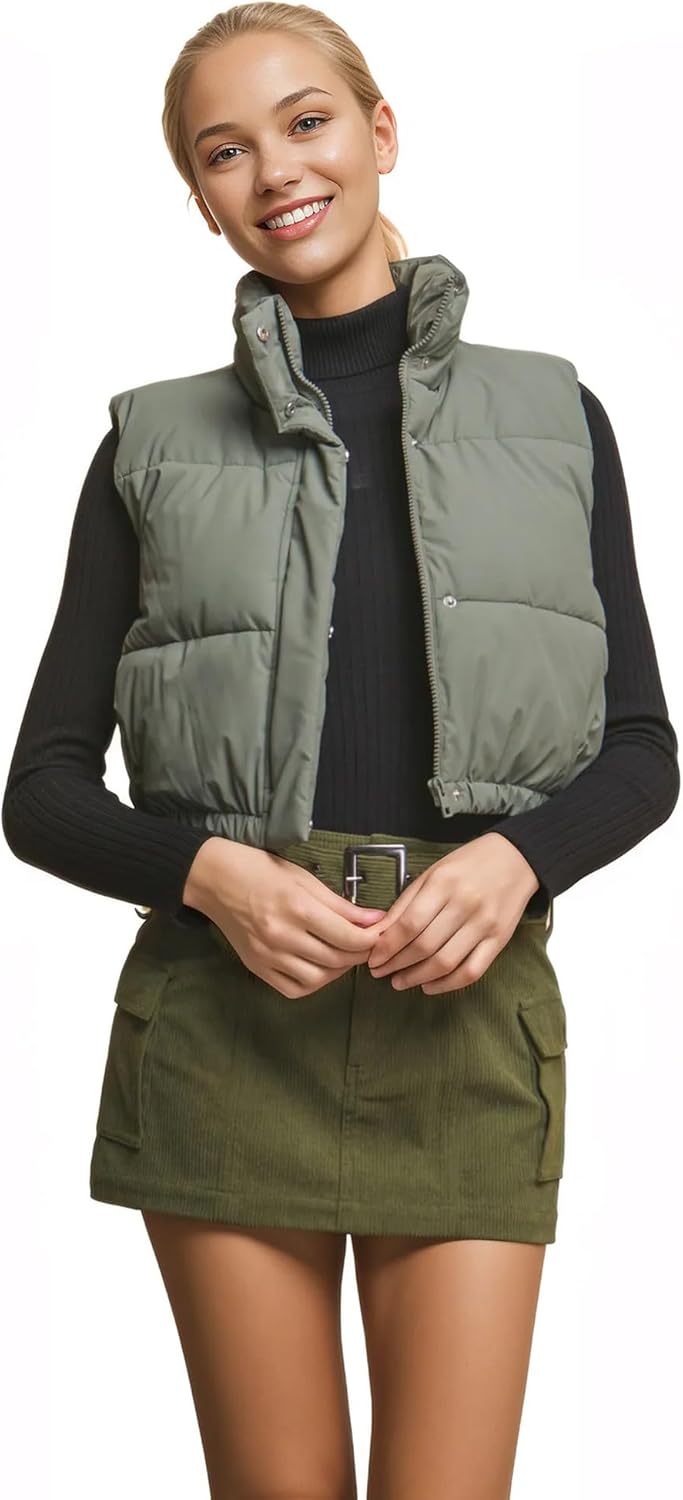 Love Tree Women's Juniors Cropped Faux Leather Puffer Vest (Olive, Large) - Image 2