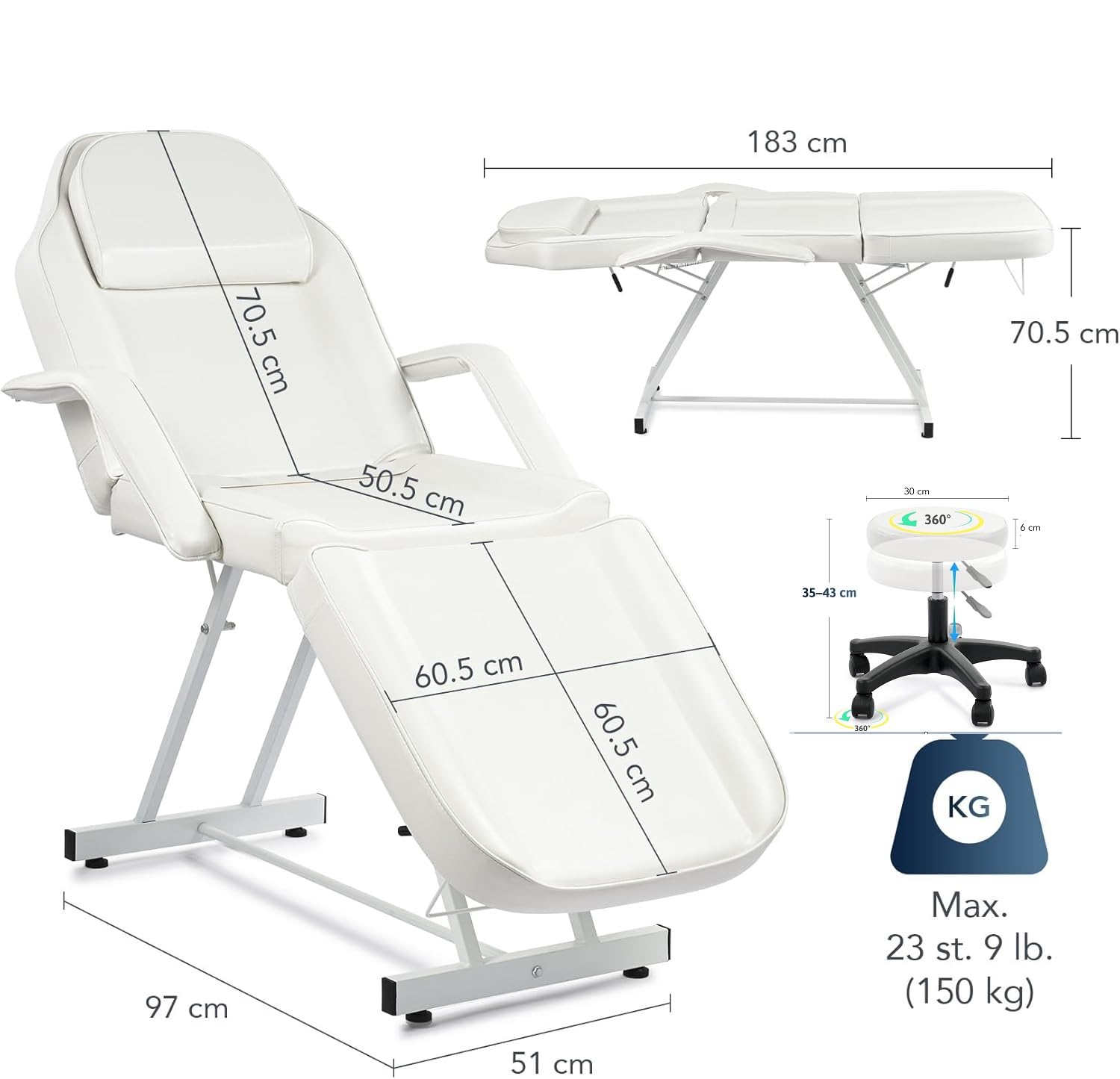 Cama de Masaje Profesional Camilla Masaje Plegable con Taburete 3 Zonas Camilla Estetica Fisioterapia Ajustable Reposacabezas para SPA, Tatuaje, Facial, Pedicure Therapy (Blanco)