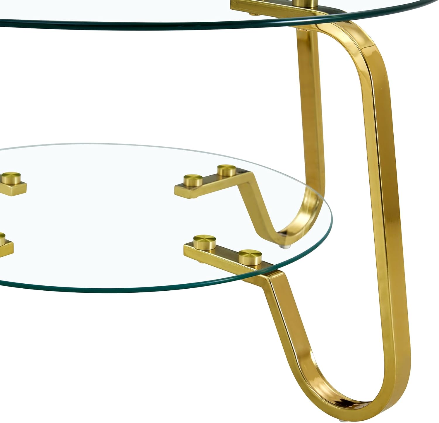 Modern Round Glass Coffee Table, 2-Tier Tempered Glass with Gold Metal Frame, Living Room Center Table with Storage Shelf, 31.5 Dia. x 17.7 H Inches, Easy Assembly