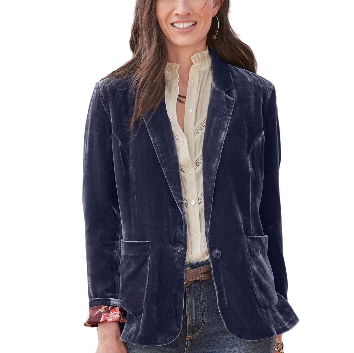 Women Winter Velvet Blazer Basic One Button Front Lapel Suit Jacket