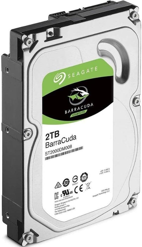 Бурчтуу view Seagate Barracuda ST2000DM008 2TB ички катуу диск, SATA маалыматтарын жана кубат туташтыргычтарын көрсөтүү.