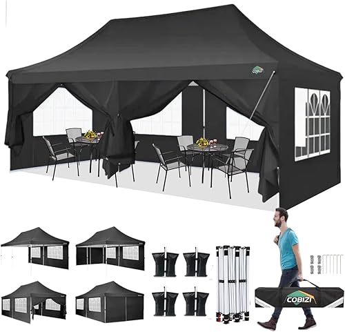 Miniatura 9 de COBIZI Carpa 10x20 Pop Up con paredes laterales, carpa comercial impermeable Ez al aire libre, cenador instantáneo con protección UV 50+ para