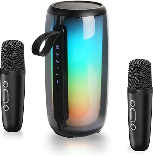 PKSH ICORE - Máquina de karaoke con dos micrófonos inalámbricos, altavoz Bluetooth portátil con ajuste de gravesagudos, sistema PA con control