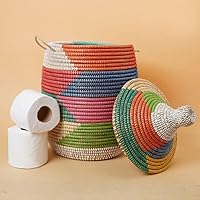 Vista 1 de Cesta pequeña de arcoíris, cesta con capucha de tapa, cesta tejida a mano, 12 pulgadas de ancho, 14 pulgadas de alto