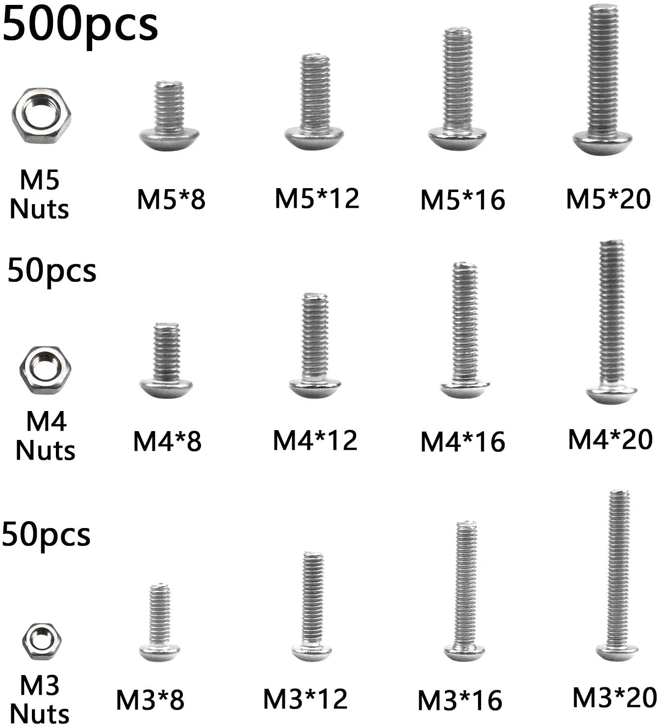 500pcs Bolts and Nuts Set M3 M4 M5 Stainless Steel Machine Screw and Nut Kit Button Head Hex Socket Head Cap Bolts Screws with Nuts Assortment Kit - Image 5