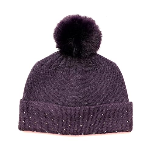 Pom Women's Aubergine Embellished Winter Beanie Bobble Hat