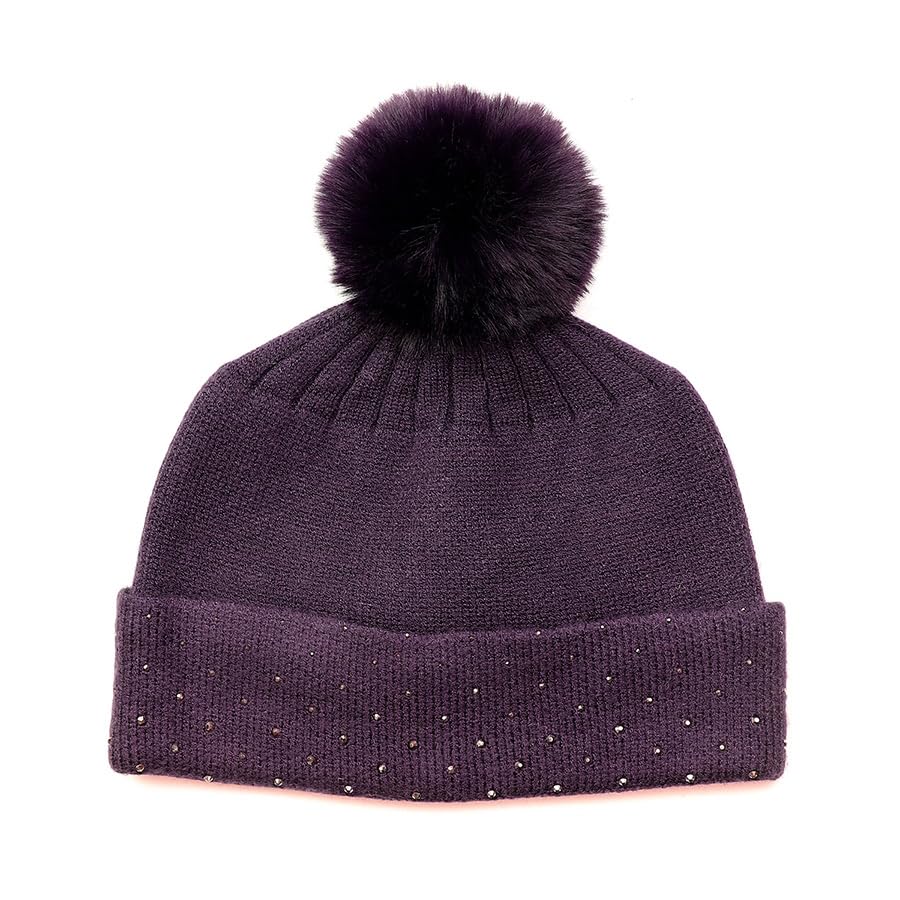 Bonnet à pompon violet foncé femme bonnet d'hiver en tricot extérieur
