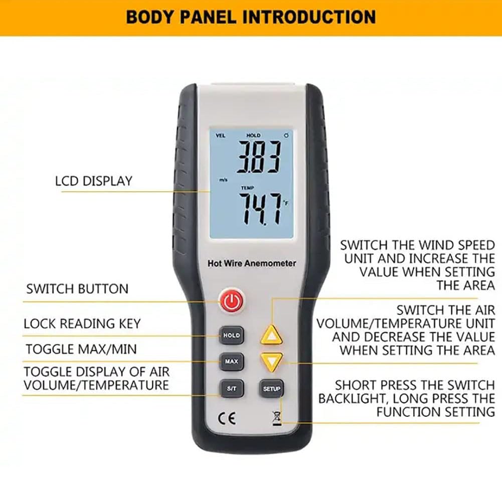 Anémomètre à fil chaud pour conduit, compteur de vitesse du débit d'air portatif CFM/CMM, jauges de vitesse du vent, avec écran LCD rétroéclairé, pour la température de la vitesse de l'air du flux d'a