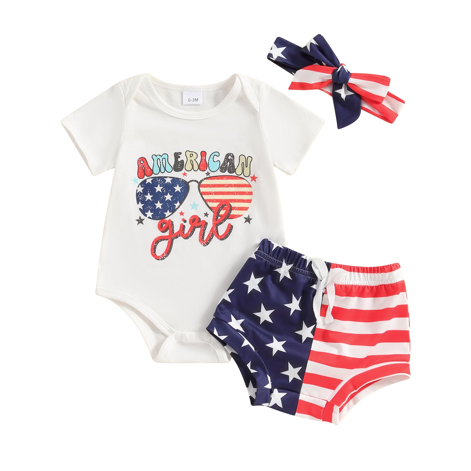 Fourth of July Baby Girl Outfit Newborn American Stripe Star Romper Top Bummies Shorts Set 4th of July Clothes (American Girl, 9-12 Months)