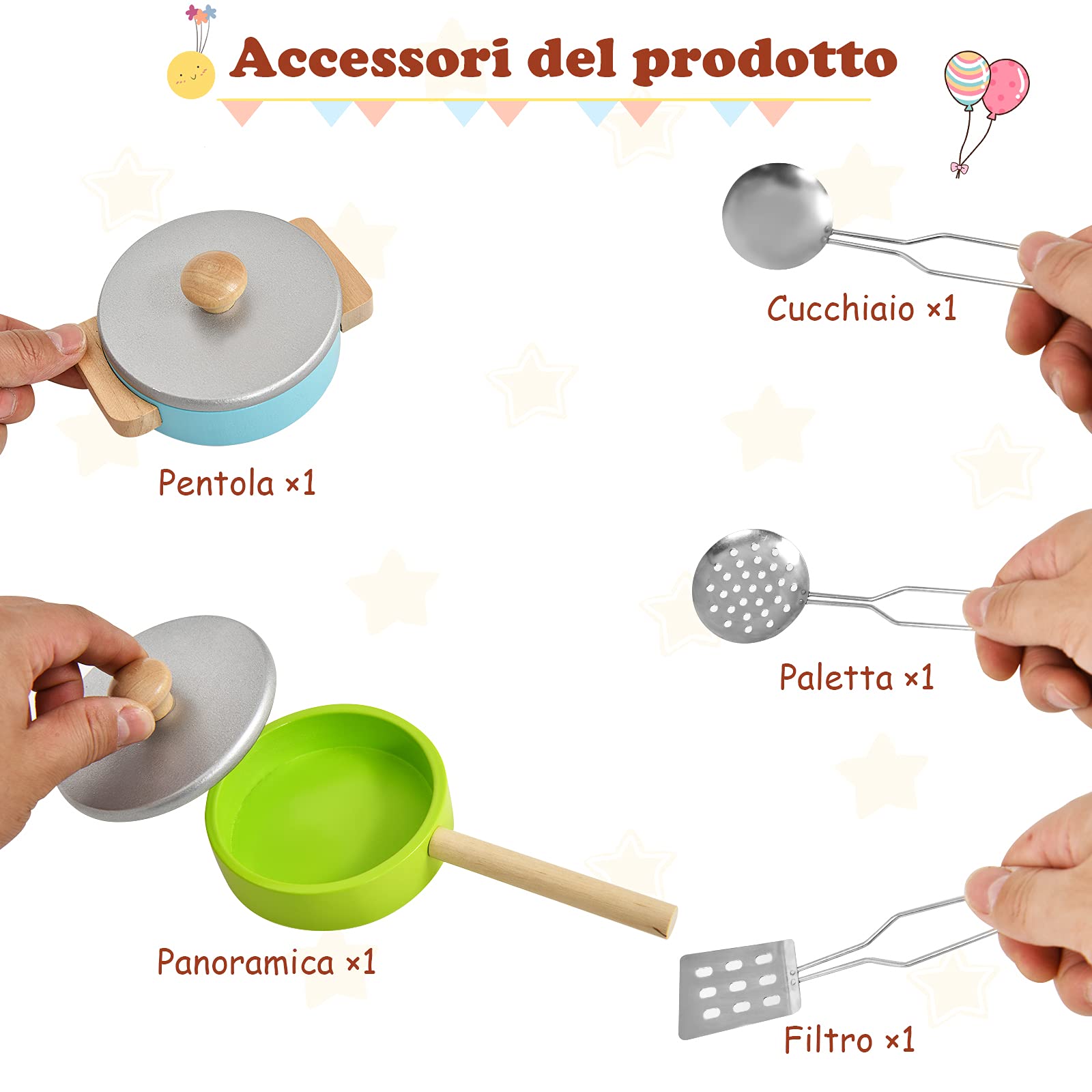 COSTWAY Cucina Giocattolo per Bambini, Cucina per Bambini in Legno con Forno, Microonde, Lavello e Rubinetto, con Accessori, Pentole e Utensili per Cucinare, per bambini 3+ Anni