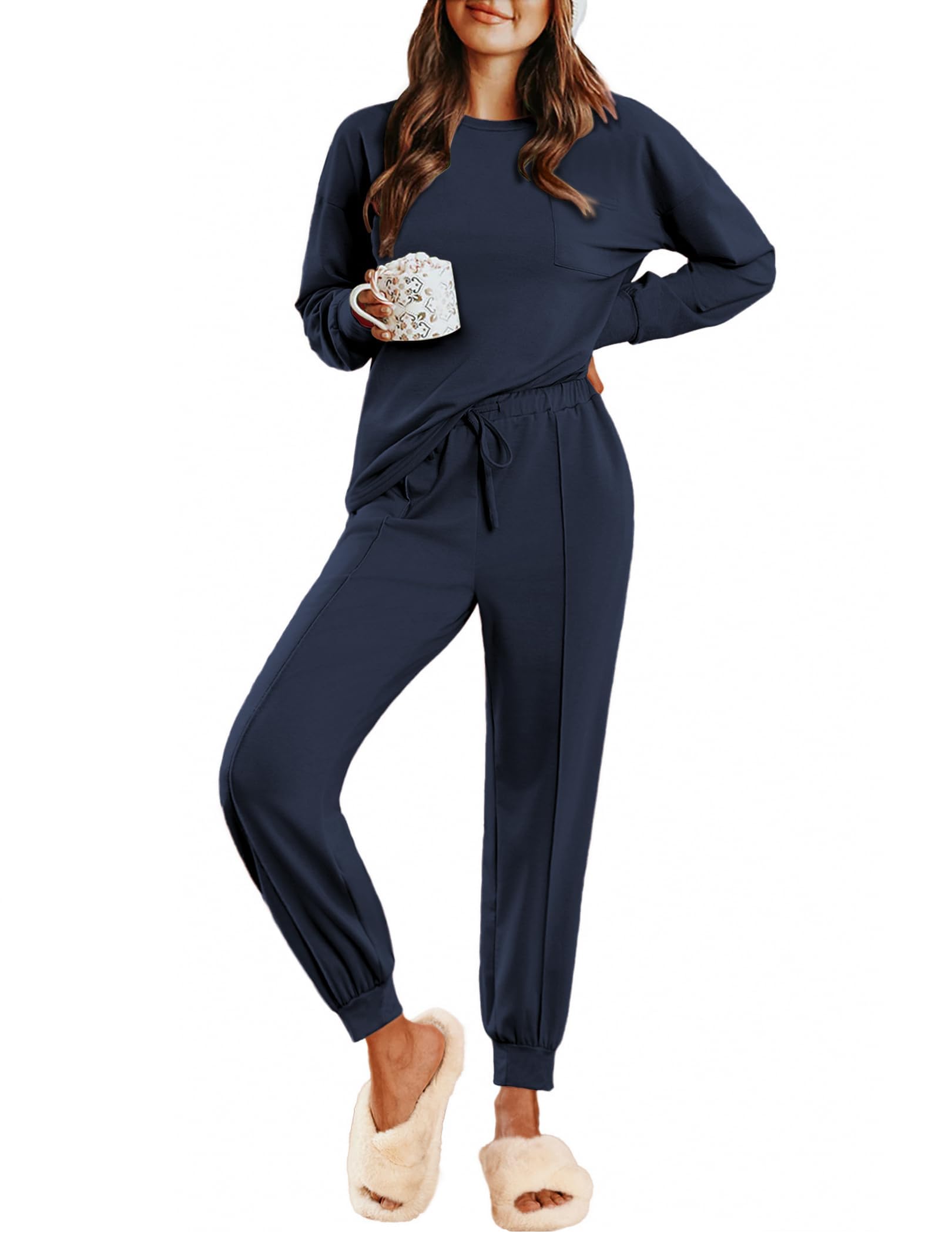 Ekouaer Lounge Sets for Women 2 Piece Jogger Pajama Long Sleeve Pants Loungewear Sweatsuits Casual Matching Outfits