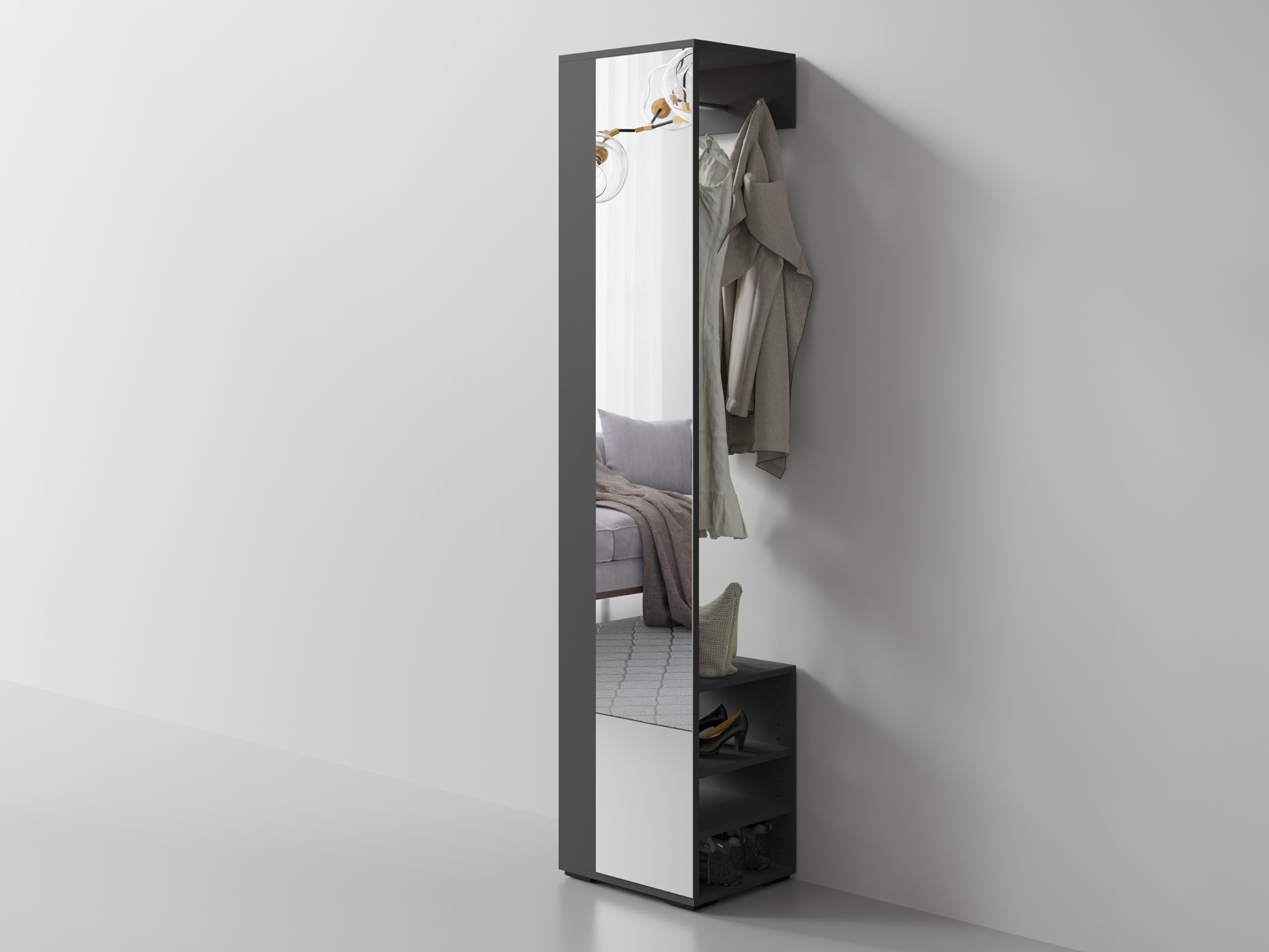 byLIVING Flurgarderobe Ben, Anthrazit, Spiegel | Kleiderstange, Ablage, Spiegelschrank für den Flur, B 40, H 184, T 35 cm