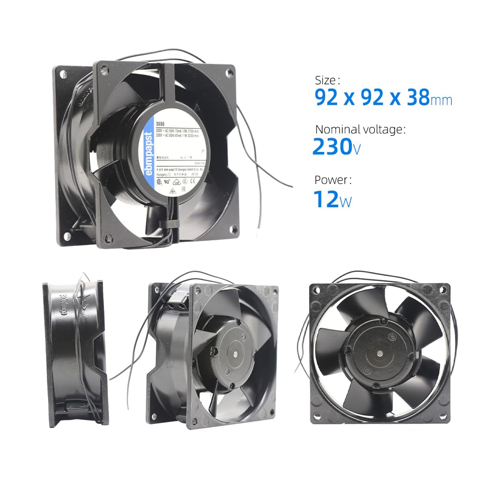3656 Modèle AC Ventilateur axial pour EBM Papst, 92 x 92 x 38 mm, 230 VAC, 75 m³/h, 2700 tr/min, compact axial pour machine à graver, armoire à châssis