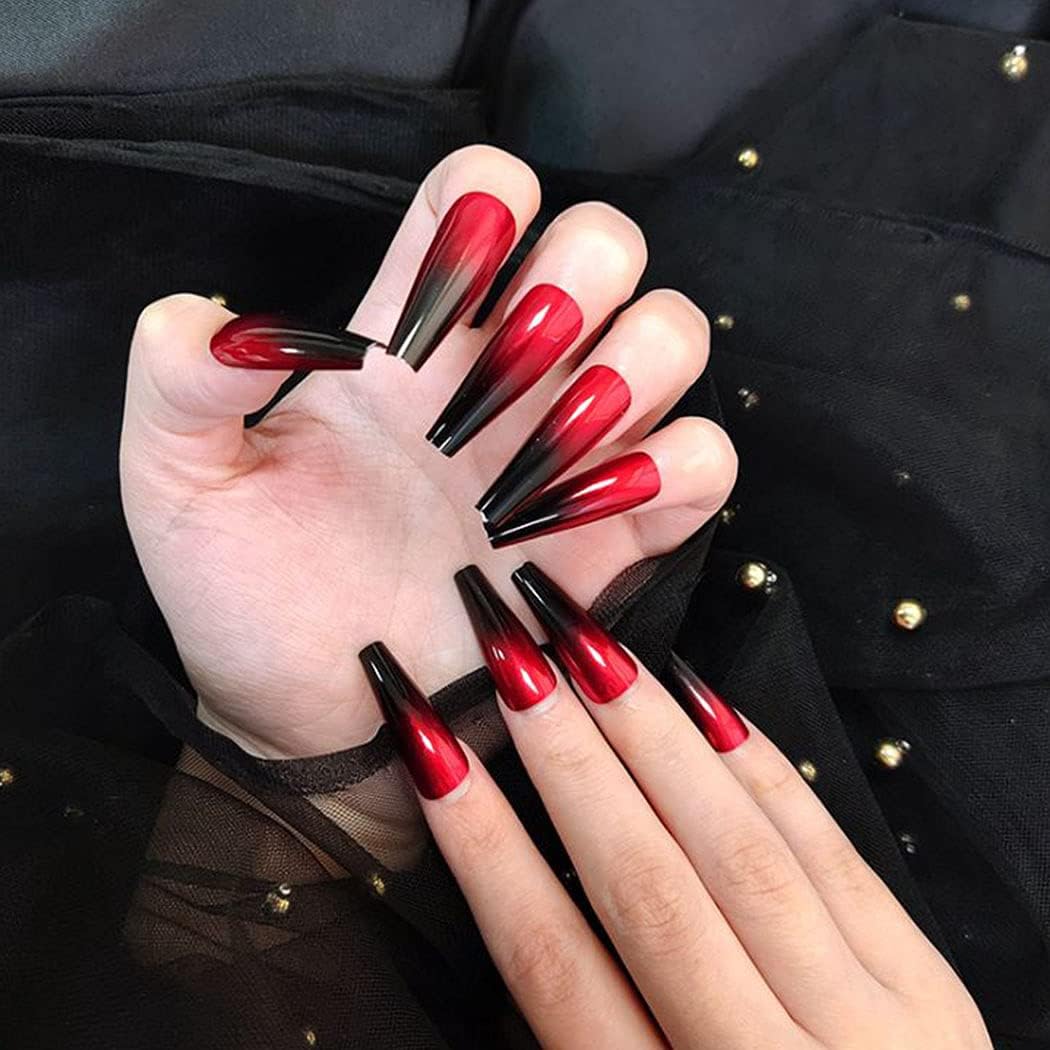 CherryBox 24 long Coffin press on nails Red Black Gradient fake nails Acrylic False Nails for Women and Girls (Jelly Glue Adhesive Tabs and Glue Included) 2