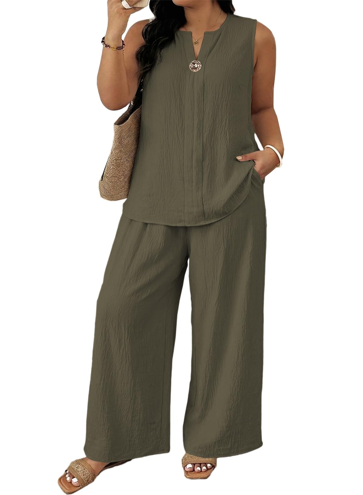Eytino Plus Size 2 Piece Sets for Women Summer Travel Vacation Outfits Sleeveless Tops Wide Leg Pants Matching Sets(1X-5X)
