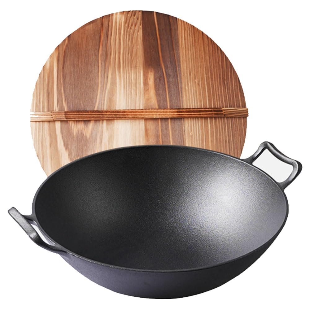 Xuhongya One Color Thickened Round Bottom Cast Iron Skillet，Wok Pan Nonstick，Wok Pan With Elegant Wooden Lid And Wide Handles，For Stir-Frying, Grilling And Deep-Frying(33Cm (Rounded Base) Wooden Lid)