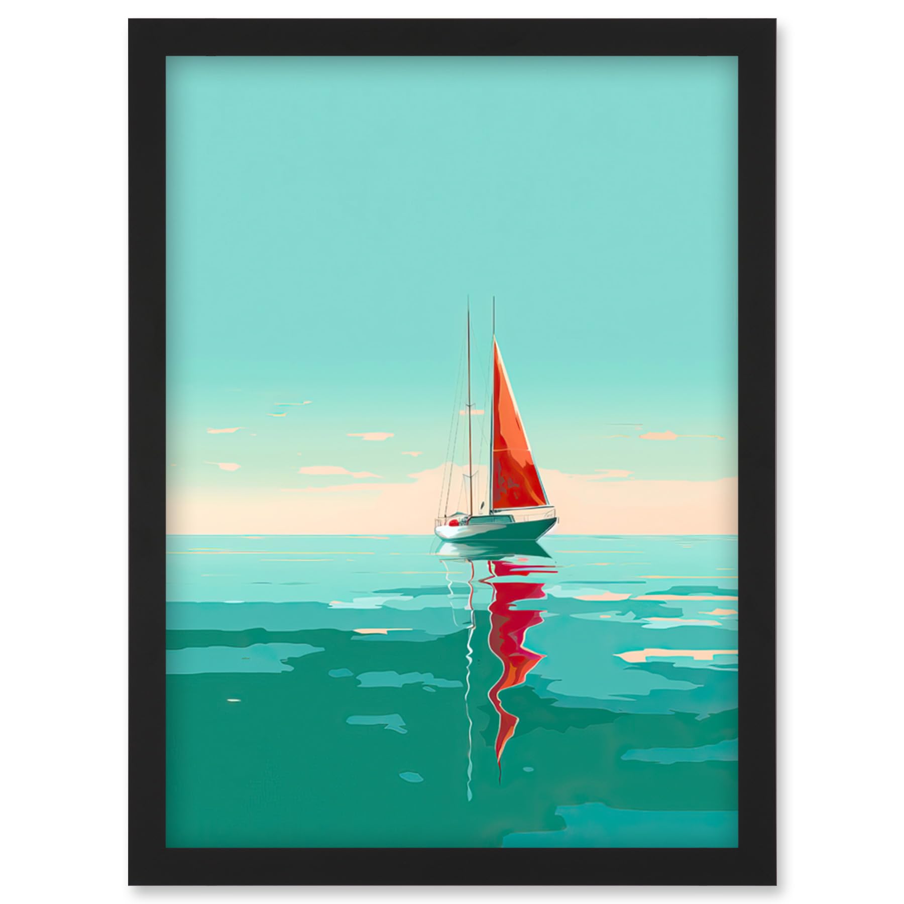 Artery8 A Sailboat with a Red Sail Sailing on a Calm Sea Artwork Framed Wall Art Print A4