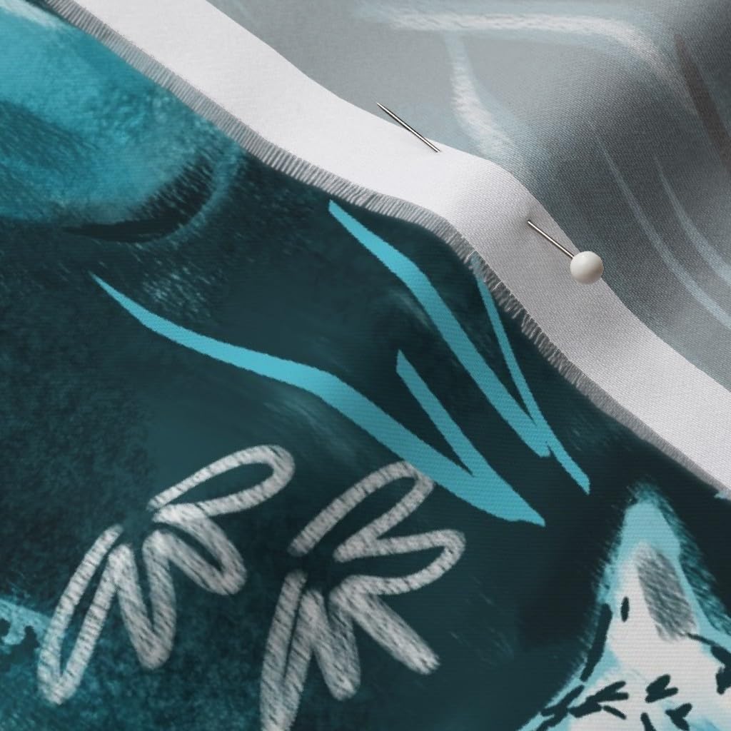 Spoonflower Fabric - Moonlight Monochrome Teal Cats Grass Jungle Night Tiger Black Blue Big Printed on Organic Cotton Sateen Fabric by The Yard - Sewing Quilting Apparel Home Decor