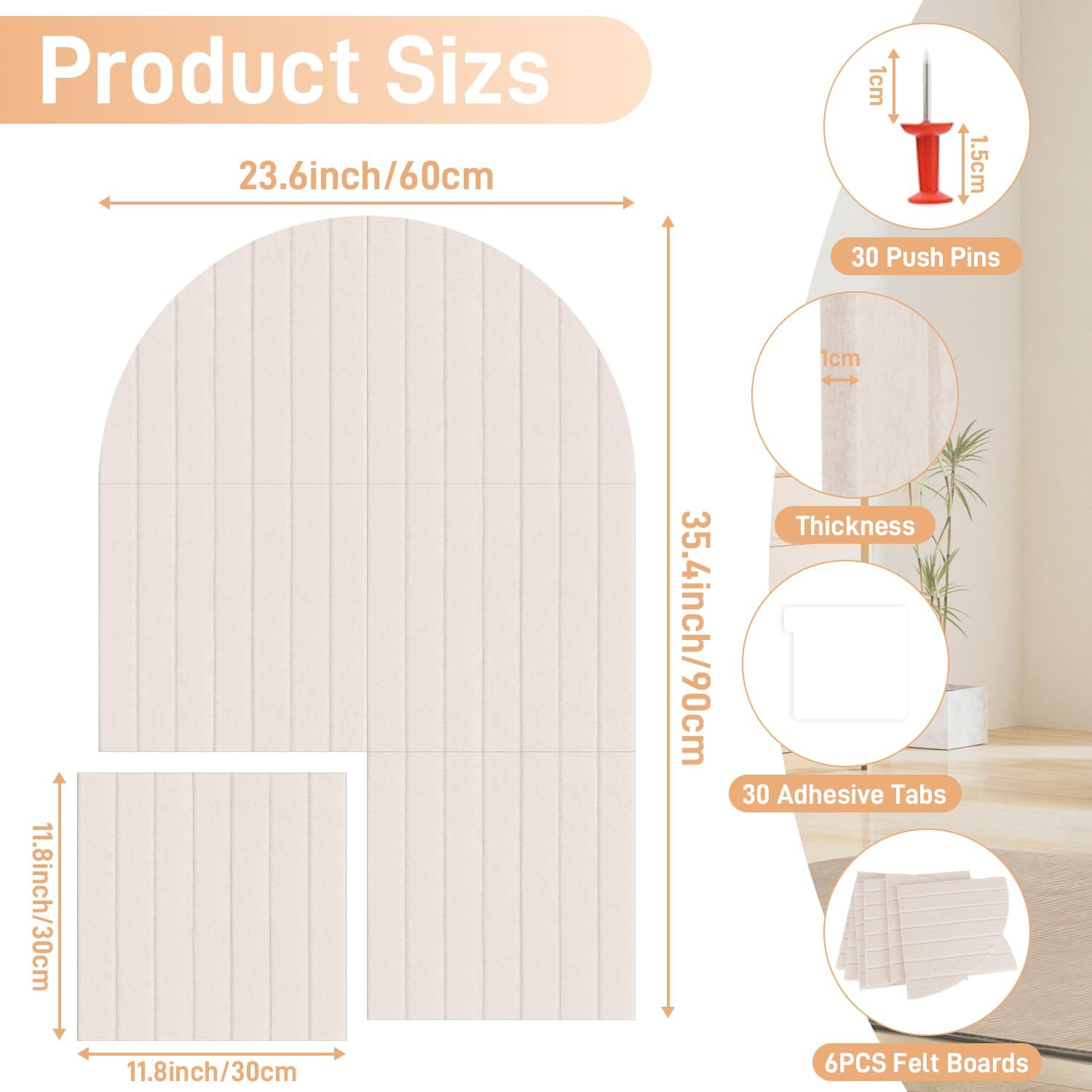 Large Arch Felt Bulletin Board Tiles 35" x 24" Cork Board Alternative - 6 Pack Office Pin Board Photo Wall Organizer with 30 Adhesive Tabs & 30 Pushpins for Home Bedroom & Classroom Decor, Oatmeal